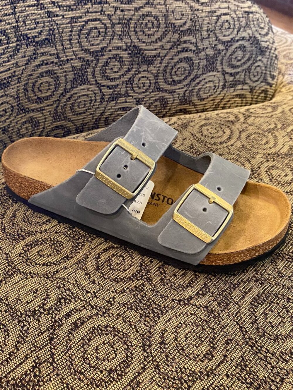 Birkenstock Arizona Soft Gray Suede Two-Strap Sandals with Gold Buckles